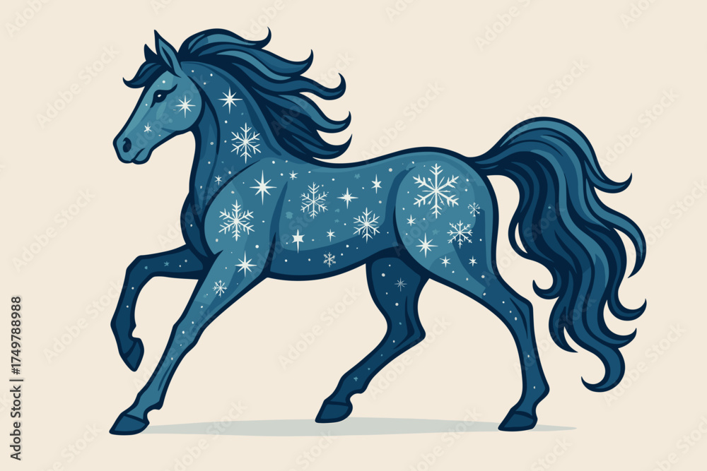 Fototapeta premium Snowflake-patterned blue horse trotting on a light beige background