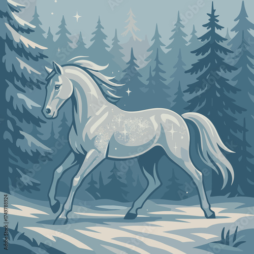 Sparkling white horse walking through a wintry forest with pine trees