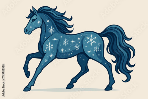 Snowflake-patterned blue horse trotting on a light beige background