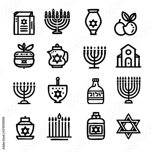 Collection of Jewish symbols and objects. Some of the symbols include a menorah, a wine glass, and a house