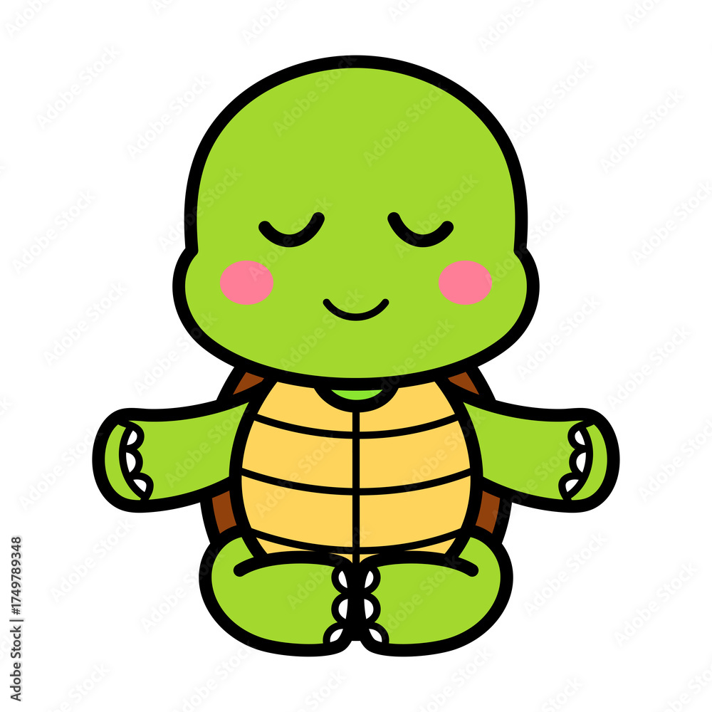 Fototapeta premium Cute Green Turtle Meditating with Closed Eyes and Pink Cheeks on Transparent Background Simple Vector Illustration
