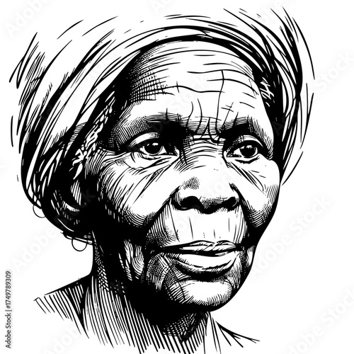 Woman with a head scarf is the main subject of the image. The woman's face is drawn in black and white, and she is wearing a colorful head scarf. Concept of cultural diversity