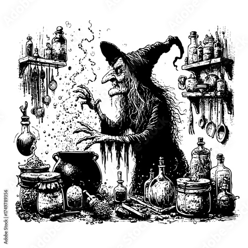 Witch is standing in front of a cauldron, surrounded by various bottles and jars. The scene is dark and mysterious, with a sense of foreboding