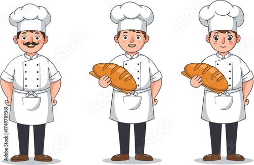 Cartoon, chefs, bakery, bread, cooking, uniform, hat, kitchen, team, smiling, professional, illustration, food, character, apron, black pants, white coat, culinary, baking, restaurant