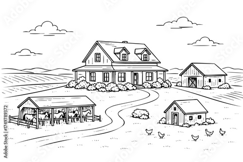 Farm scene with a house barn and chicken coop. The house is a white house with a porch. The barn is a white building with a red roof
