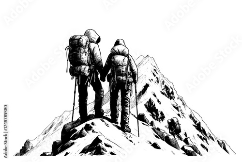 Two men are standing on a mountain, one of them is holding the other's hand. Concept of adventure and camaraderie, as the two backpackers are preparing to climb the mountain together