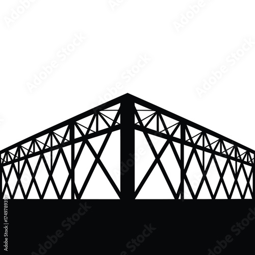 Black silhouette of a large industrial truss bridge against a white background