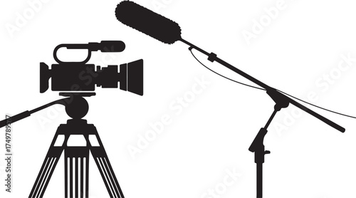 Silhouettes of Camera and Microphone Vector Illustration for Media Production or Decoration Concept Isolated on Transparency Grid Background