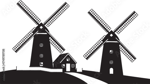 Countryside Landscape Vector Illustration with Windmills Barn House Farm Scenery Rural Environment Landmark Silhouette in Black and White