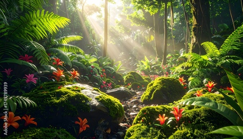 Lush, highly detailed tropical rainforest floor with vibrant green ferns, moss-covered rocks, and orange flowers under sun rays