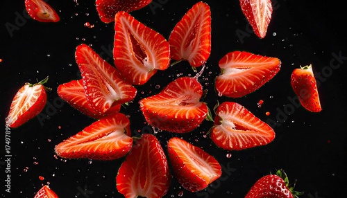 Red Strawberry Slices Falling on Black Background