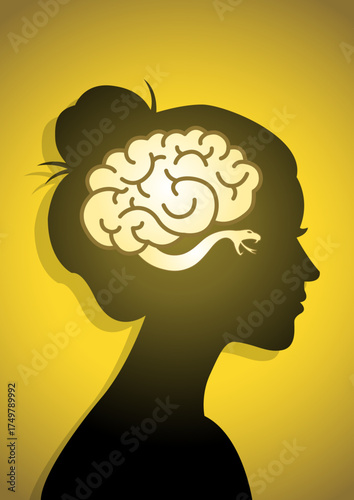 Toxic Thoughts Concept — Woman Silhouette with Brain and Snake