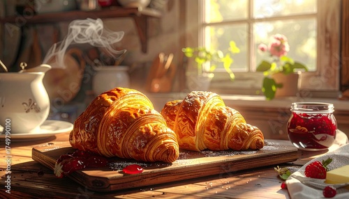 Warm Golden Croissants with Jam on Rustic Wooden Board