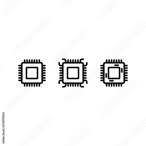 Three stylized microchip icons on a white background