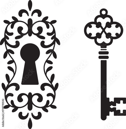 Vintage Key and Keyhole Design: Ornate Lock with Intricate Patterns and Classic Key Symbol