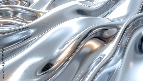 Abstract texture of smooth silver metallic material, featuring high reflections and soft, liquid-like, chrome-plated waves and ripples