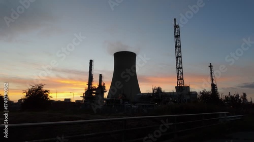 Cooling towers, industry. Night setting.