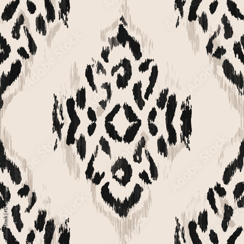 Small symmetrical strokes, their curves and lines forming an abstract animal print design in beige and black on a white background, grunge ikat pattern, stamp seamless pattern, linin texture.