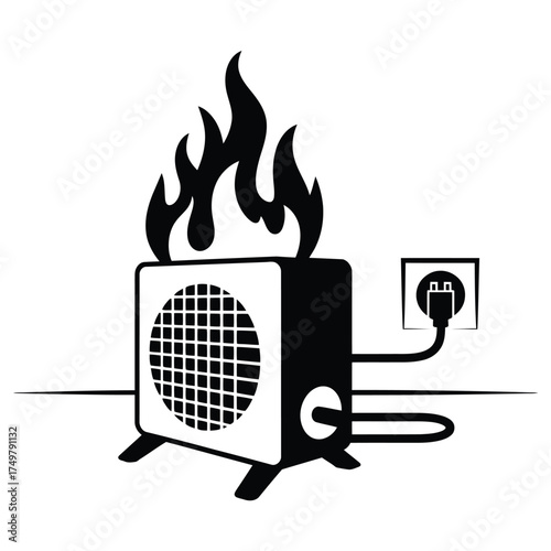 Electric heater on fire plugged into wall socket