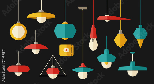Colorful pendant lights in various shapes against a dark background  