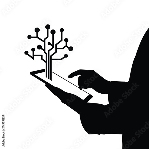 Silhouette of person holding tablet with digital tree growing from screen