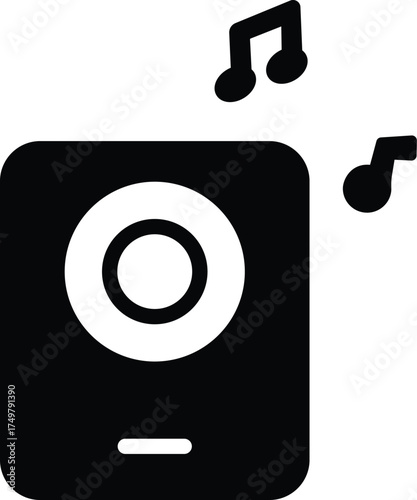 a black and white icon of a speaker with music notes