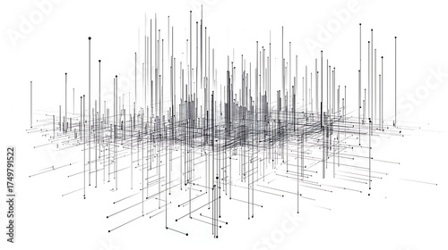 A cityscape with many tall buildings and a lot of lines