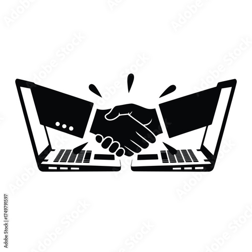 Digital handshake connecting two laptops symbolizing online business agreement