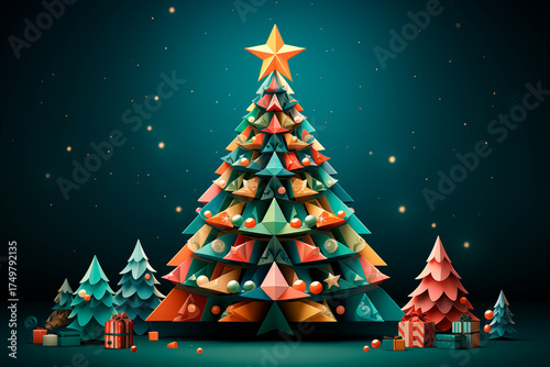 Illustration of a multicolored Christmas tree on a dark background. Festive and creative image ideal for designs, advertising campaigns, and holiday materials
