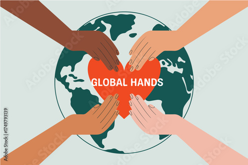 Global Hands Over Heart Earth Illustration | Diverse Hands United for World Peace, Charity and International Cooperation Visuals