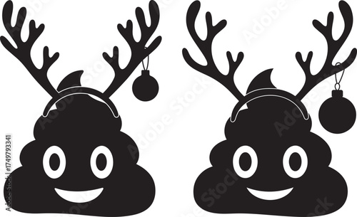 Funny christmas emoji poop characters wearing reindeer antlers and ornaments silhouette isolated on white background