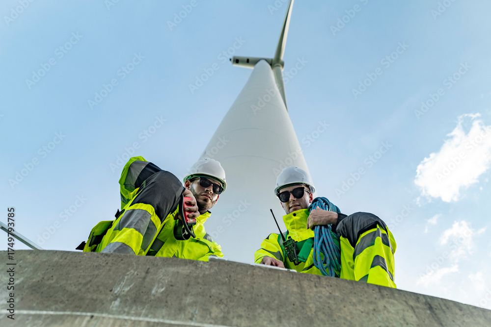 Obraz premium Team of engineers in reflective work suits join hands to inspect and demonstrate their work and success at a wind turbine power generation site.