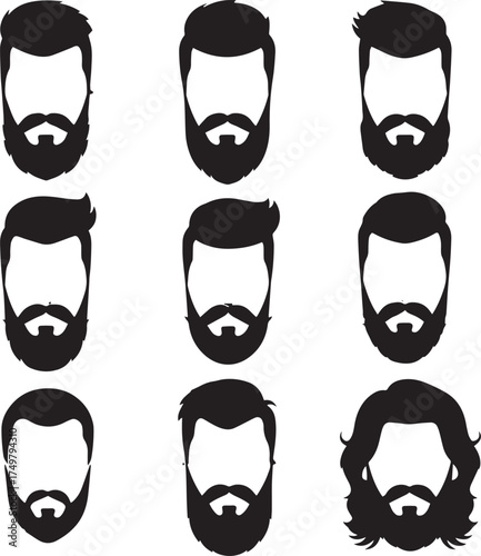 A set of nine diverse vector silhouette illustrations of faceless male heads featuring various modern beard and hairstyle combinations.