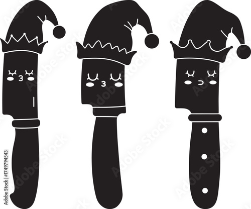 Three cartoon elf knives with cute faces and pointy hats silhouette isolated on white background