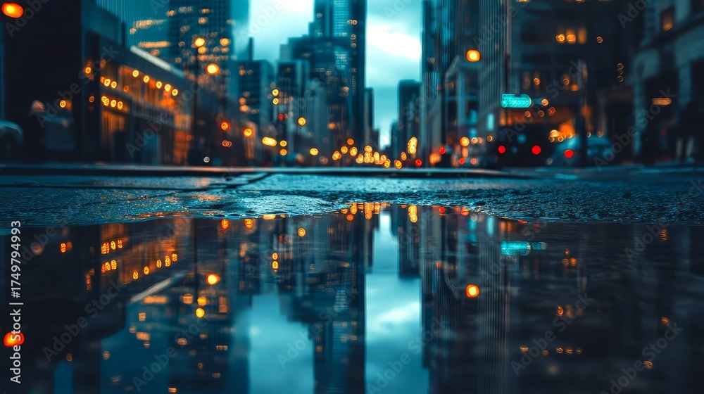 Fototapeta premium City street reflection in puddle at night with buildings and lights creating a blurred cityscape view, 32k resolution