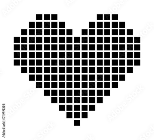 Pixel heart in retro 8-bit style. Pixel art heart icon with square tile pattern, symbol of love and simplicity. Monochrome vector illustration isolated on white background.