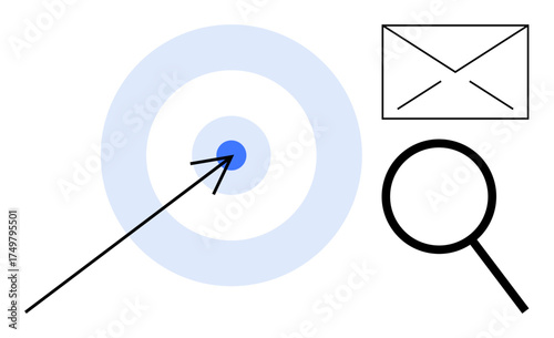 Arrow striking bullseye for focus, magnifying glass for research, envelope for messaging. Ideal for business strategy, marketing, goal setting, communication, research analysis targeting. Simple