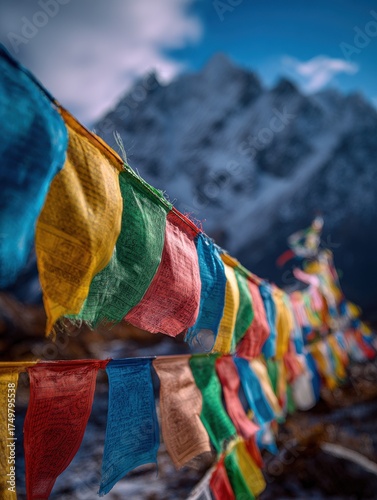 Prayer Flags and Majestic Peaks: A vibrant array of prayer flags dances in the wind against a backdrop of awe-inspiring snow-capped mountains, symbolizing spiritual journeys and serene landscapes.