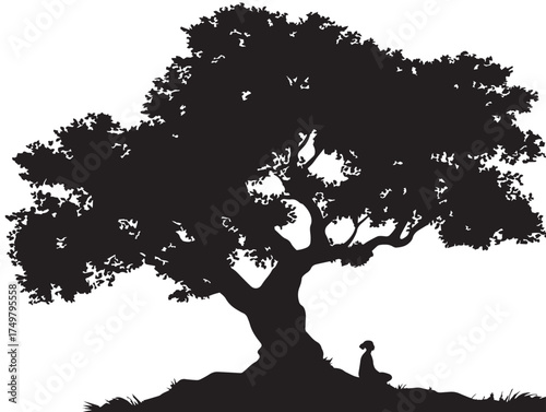 Storyteller Tree Silhouette 2D Vector Line Art Illustration