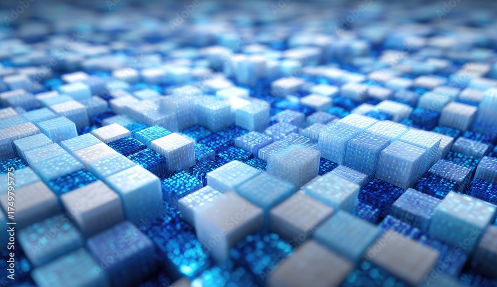 Obraz premium An abstract digital landscape of varying sized cubes in cool blue, white, and clear tones
