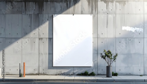 Fototapeta Naklejka Na Ścianę i Meble -  Blank poster mockup on a smooth concrete wall with sharp shadow lines and a small potted street tree