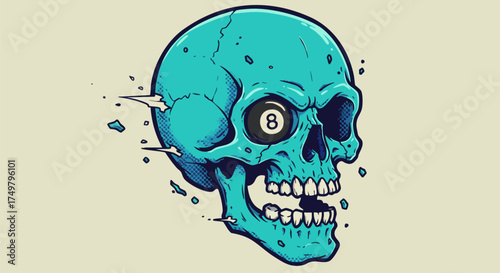Turquoise skull with an eight ball eye in a stylized graphic illustration style