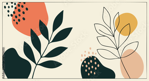 Abstract botanical art featuring leaves and organic shapes in a modern design style