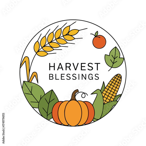 Harvest blessings autumn thanksgiving circular design with pumpkin wheat corn leaves and tomato illustration vector