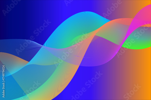 Abstract wave neon line art vector background. Dynamic intersecting digital data flow and luminous wave, featuring an intense blue, pink, purple, and orange gradient palette