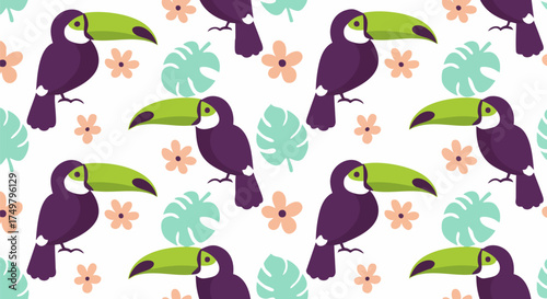 Seamless tropical pattern featuring toucans flowers and leaves on a white background