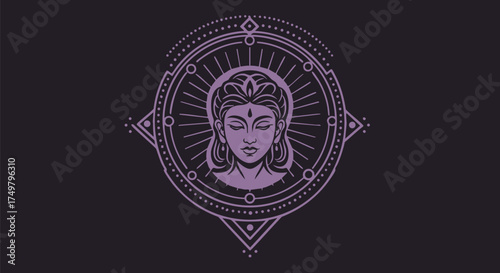 Spiritual goddess with radiating light in a geometric mandala design illustration