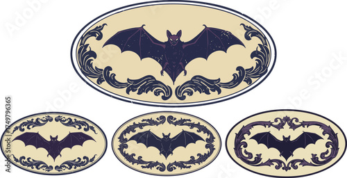 Collection of ornate bat emblems in vintage style for halloween or gothic themes