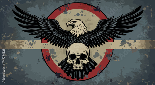 Majestic eagle perched atop a skull emblem with wings spread against grunge backdrop