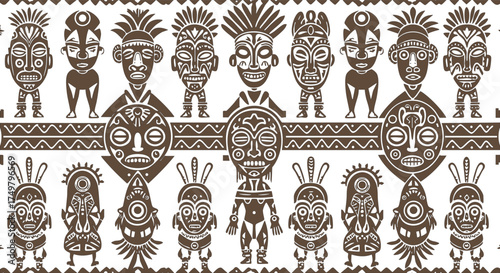 Tribal pattern featuring a collection of stylized masks and figures on black background